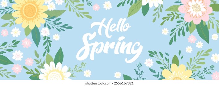 Hello Spring vector banner with colorful hand drawn flowers isolated on light blue background. Floral design illustration template for poster, card print, invitation, social media