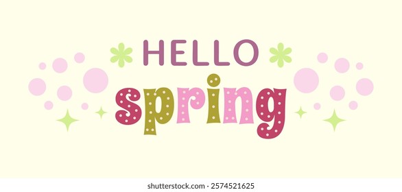 hello spring vector banner with pastel colors, cute floral elements, polka dots, decorative text, perfect for seasonal greetings, marketing designs, and prints