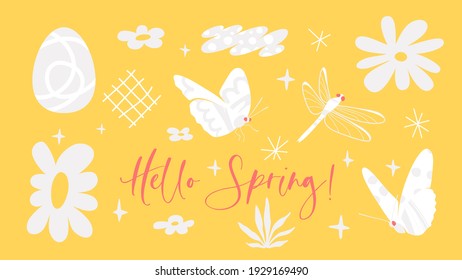 Hello Spring vector banner template with butterflies, dragonfly, Easter egg, and abstract shapes on trendy yellow background. 