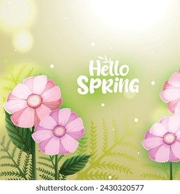 Hello Spring vector banner,poster design with colorful flower elements and green floral background for spring season.
