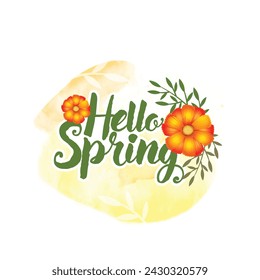 Hello Spring vector banner,poster design with colorful flower elements and green floral background for spring season.
