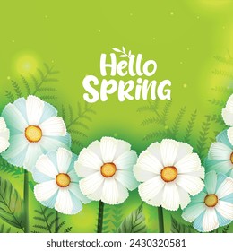 Hello Spring vector banner,poster design with colorful flower elements and green floral background for spring season.
