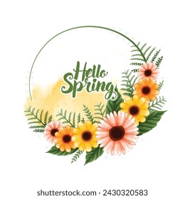 Hello Spring vector banner,poster design with colorful flower elements and green floral background for spring season.
