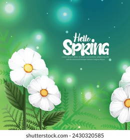 Hello Spring vector banner,poster design with colorful flower elements and green floral background for spring season.
