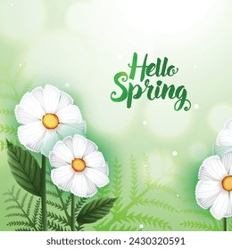 Hello Spring vector banner,poster design with colorful flower elements and green floral background for spring season.
