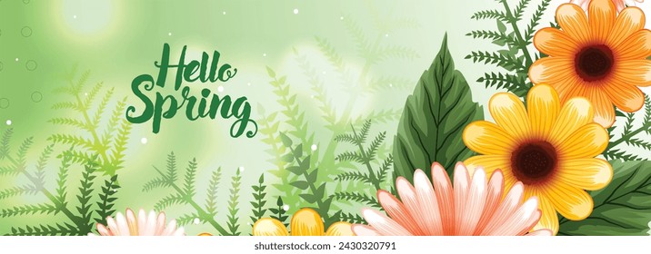 Hello Spring vector banner,poster design with colorful flower elements and green floral background for spring season.
