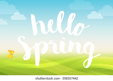 Hello spring vector brushed typography poster background.