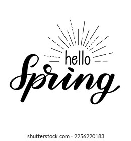 Hello Spring vector calligraphy quote on white background. Gift card, poster, banner for springtime. Handwritten modern brush lettering.