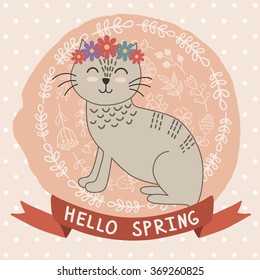 Hello spring vector card with a cute cat. Pretty childish background. Vector illustration