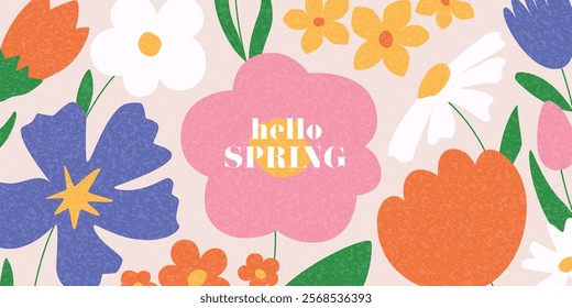 Hello Spring vector card. Hand-drawn horizontal banner for decoration spring events, Mother's Day, Easter. Beautiful spring pattern with abstract flowers. Concept of trendy spring cover.