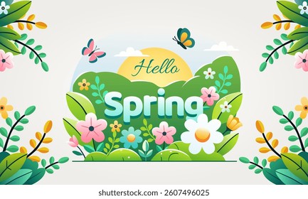 Hello Spring vector card. Hand-drawn horizontal banner for decoration spring events, Mother's Day, Easter. Beautiful spring pattern with wildflowers, butterflies, and green foliage.