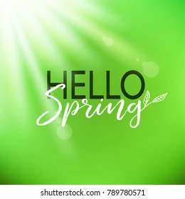 Hello spring vector card. Lettering with abstract green sunny background