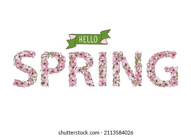Hello spring. Vector card with letters of apple tree flowers