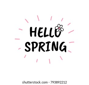Hello spring Vector cartoon sketch illustration. Trendy colorful background with text