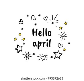 Hello spring Vector cartoon sketch illustration. Trendy colorful background with text