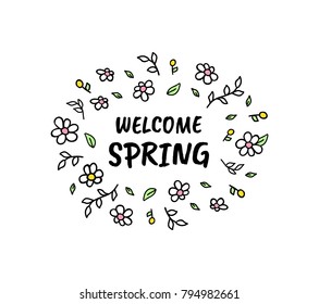 Hello spring Vector cartoon sketch illustration. Trendy colorful background with text