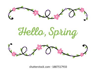 Hello, Spring vector cartoon style card, illustration with cute floral borders.
