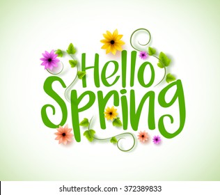 Hello Spring Vector Design with 3D Realistic Fresh Plants and Flowers Elements for Spring Season. Vector Illustration
