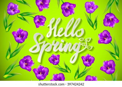 Hello Spring Vector Design with 3D Realistic Fresh Plants and Flowers Elements for Spring Season. Vector Illustration art