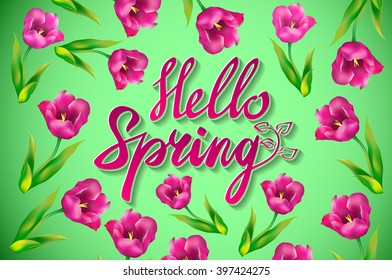 Hello Spring Vector Design with 3D Realistic Fresh Plants and Flowers Elements for Spring Season. Vector Illustration art
