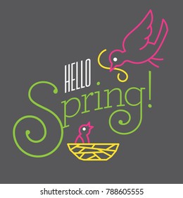 Hello Spring Vector Design with cute bird drawings.
Contemporary flat vector mono line drawing shows mother bird feeding her baby in nest. Fun custom typography.