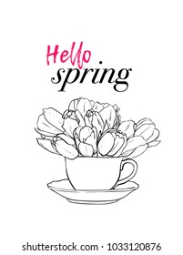 Hello spring! Vector greeting card. Lettering with flowers in cup. Springtide.  Spring time.