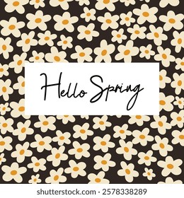 Hello Spring vector greeting card. Hand-drawn banner for decoration Spring events, Mother's Day, Easter. Beautiful Spring poster with abstract flowers. Cartoon floral art design