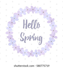 Hello Spring Vector Greeting Card with Lilac Flowers on Dotted Background