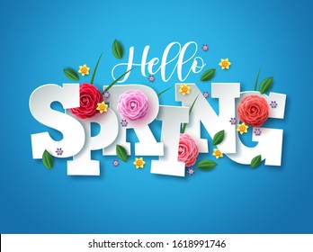 Hello spring vector greetings design. Spring text with colorful flower elements like camellia, daffodils, crocus and green leaves in blue background for spring season. Vector illustration.