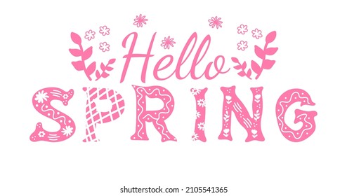Hello spring vector greetings design. Lettering spring season for greeting card, invitation template. Retro, vintage lettering banner poster template background