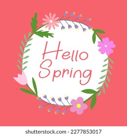 Hello spring vector greetings design with flower elements on pink background, doodle style vector
