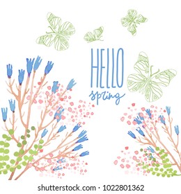 Hello spring. Vector hand drawn lettering with butterflies and flowers. Great for cards, posters, banners and more.