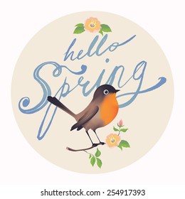 Hello Spring vector hand drawn retro brush script lettering circle design with bird sitting on tree branch with leaves and blossoms decorative element. Ideal for greeting cards, stickers and posters 