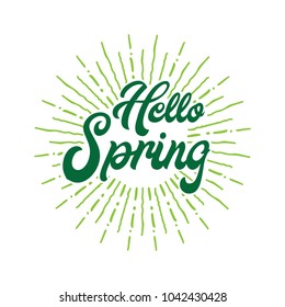 Hello spring Vector hand written text message isolated. card, congratulation, greeting. Poster, advertising, banner, placard design template. Hand written font, abc, script, lettering. Ink drawing.