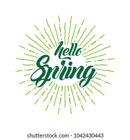 Hello spring Vector hand written text message isolated. card, congratulation, greeting. Poster, advertising, banner, placard design template. Hand written font, abc, script, lettering. Ink drawing.