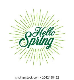 Hello spring Vector hand written text message isolated. card, congratulation, greeting. Poster, advertising, banner, placard design template. Hand written font, abc, script, lettering. Ink drawing.