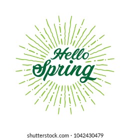 Hello spring Vector hand written text message isolated. card, congratulation, greeting. Poster, advertising, banner, placard design template. Hand written font, abc, script, lettering. Ink drawing.