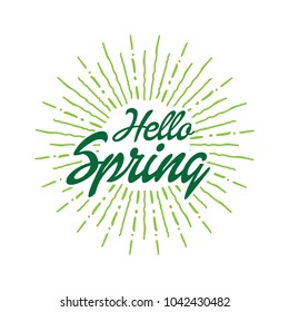 Hello spring Vector hand written text message isolated. card, congratulation, greeting. Poster, advertising, banner, placard design template. Hand written font, abc, script, lettering. Ink drawing.