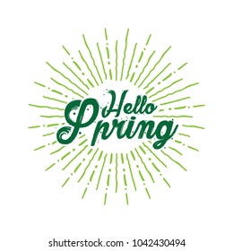 Hello spring Vector hand written text message isolated. card, congratulation, greeting. Poster, advertising, banner, placard design template. Hand written font, abc, script, lettering. Ink drawing.