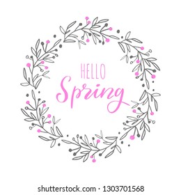Hello Spring vector handwritten Lettering in wreath. Hand sketched logotype. Botanical doodle