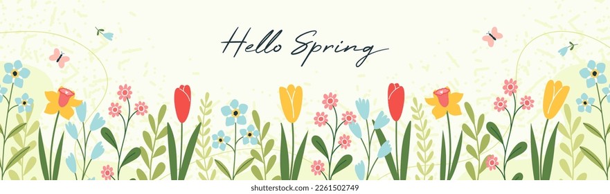 Hello Spring! Vector horizontal spring banner. Floral green background. Tulips, colorful spring flowers and branches with leaves. Handwritten lettering.