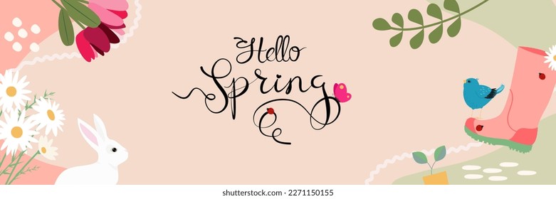Hello, spring vector illustration banner. Spring postcard with  flowers, leaves, bird, rabbit,  ladybugs and hand writing 
text "Hello Spring"