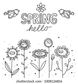 Hello spring vector illustration. Cute cartoon flowers and birds.