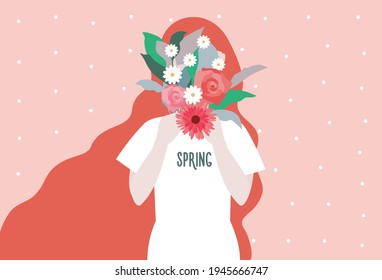 Hello spring Vector illustration in flat design Redhead girl is holding bouquet of garden flowers in her hands in front of her face on cute pink dotted backdrop