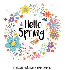 Hello spring. Vector illustration of floral spring wreath. 