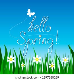 Hello spring vector illustration flower on blue background sky and grass