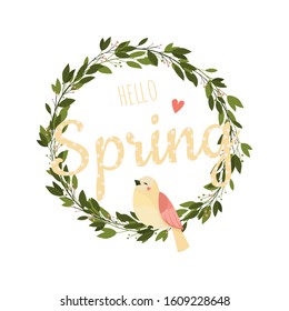 Hello Spring vector illustration. Hand drawn elements - wreath, frame with leaves branches, bird, lettering.