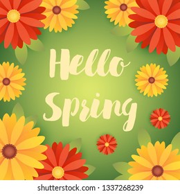 Hello spring vector illustration. Lettering with colorful floral frame.