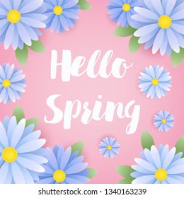 Hello spring vector illustration. Lettering with colorful floral frame.