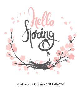 Hello Spring / Vector illustration, nest with eggs on a flowering cherry branch